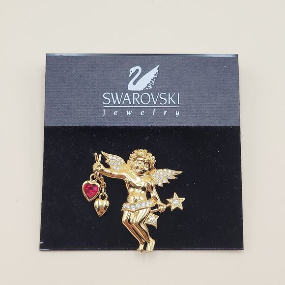 Swarovski Jewelry - Swarovski Cupid Pin Brooch 2 Hearts Swan Logo Valentine's Day Gift Vintage